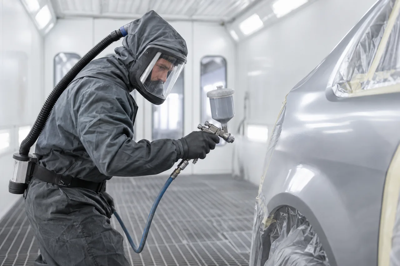 Lackierer mit Schutzausrüstung bei der Fahrzeuglackierung